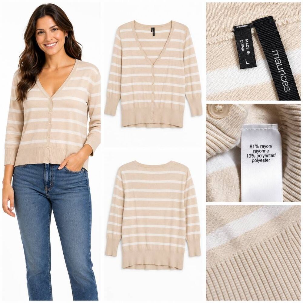 Maurices L Beige White Stripe V Neck Button Cardigan